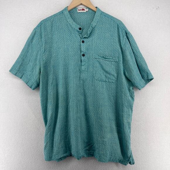 FABINDIA Shirt Mens 46 Mandarin Tussar Kurta Jacquard Short Sleeve Cotton Blue - Picture 1 of 13